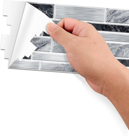 Vinyl Grey Black Tiles backsplash Wallpaper Peel and Stick,Waterproof Tile Decals for Kitchen Bathroom Restaurant Apartment Wall Renovation or Decor(25 Pcs 9.68 * 4.53 inch)