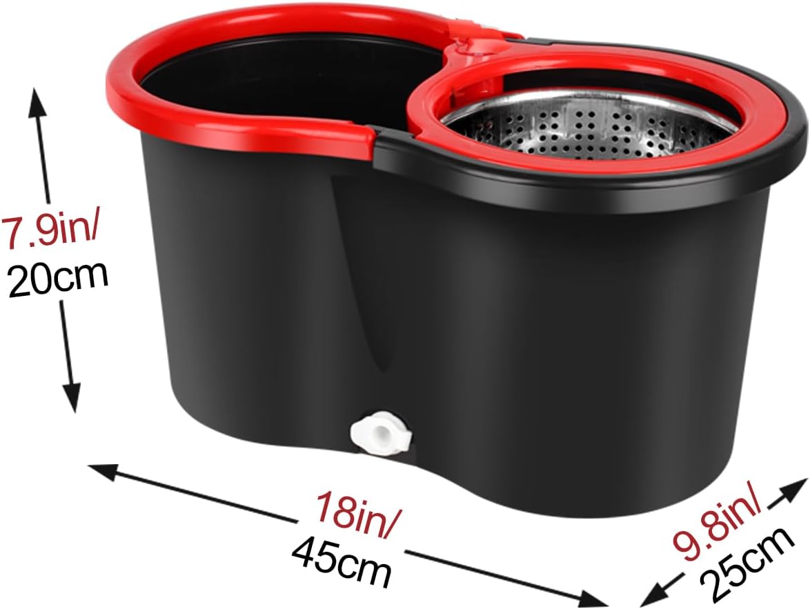 Spin Mop and Bucket with Wringer Set on Wheels, 360 Spinning Mop with Stainless Steel Handle for All Hard Surfaces, Floor Cleaning System with 3 Microfiber Replacement Heads, Black/Red
