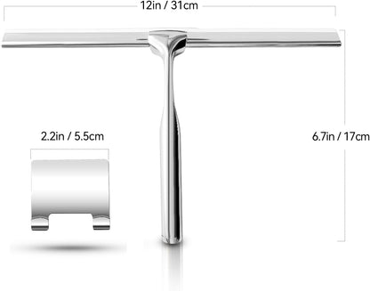 Shower Squeegees Stainless Steel with Self Adhesive Hook Window Squeegees for Shower Doors Bathroom Mirror Wiper, Window Glass Cleaning