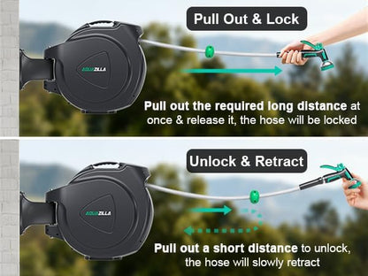 Retractable Garden Hose Reel, 65FT +6FT 5/8" Durable Wall Mounted Water Hose Reel with 180° Swivel Bracket, 9 Pattern Sprayer, 6Ft leader hose,Smooth Automatic Rewind, Any Length Lock.