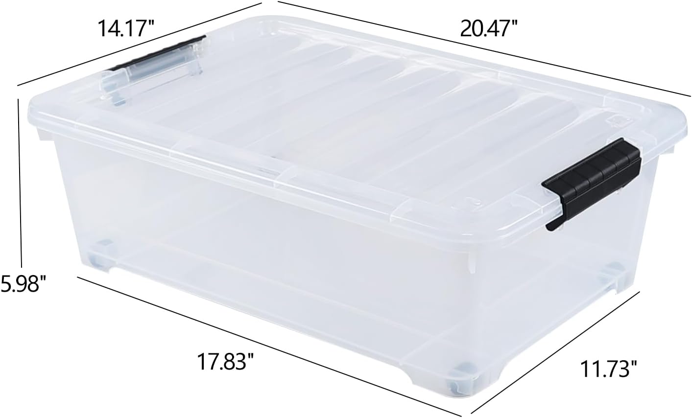 4 Pack 20 L Under Bed Plastic Latch Storage Totes with Wheels, Clear | Clear Under Bed Containers, Stackable Plastic Storage Bin with Lids for Garage, Closet, and Classroom