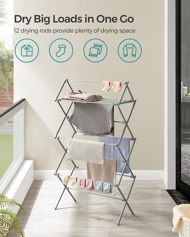 SONGMICS Foldable Clothes Drying Rack, Laundry Drying Rack, Clothes Airer, Steel Frame, 14.6 x 29.5 x 53.2 Inches, Easy Assembly, Indoor Outdoor Use, White ULLR770W01