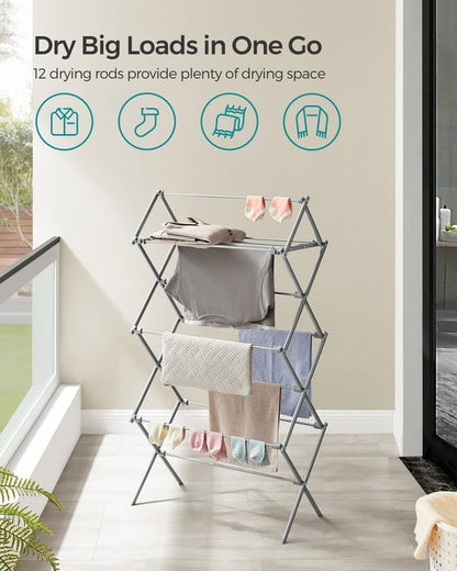 SONGMICS Foldable Clothes Drying Rack, Laundry Drying Rack, Clothes Airer, Steel Frame, 14.6 x 29.5 x 53.2 Inches, Easy Assembly, Indoor Outdoor Use, White ULLR770W01