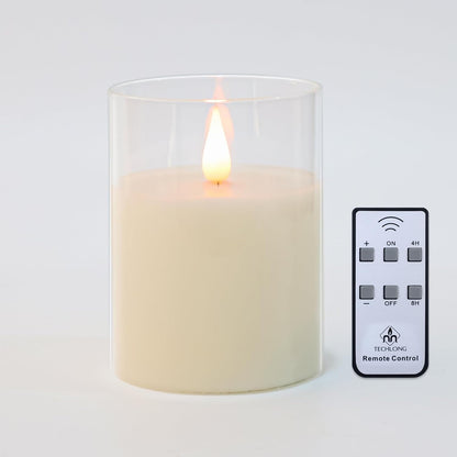 TECHLONG Flameless Candles Battery Operated with Remote Timer, 3D Moving Flame Flickering, Last 600+ Hours Battery Candles, 3" x 3" Ivory Real Wax Electric LED Candle for Wedding Party, Set of 2