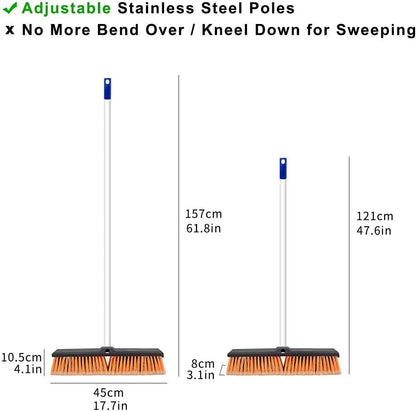 18 Inch Push Broom Brush Outdoor Heavy Duty Broom Stiff Bristles Commercial Outdoor Broom Brush for Cleaning Garage Driveway Yard Patio Deck Concrete Wood Stone Floor with 63" Long Handle