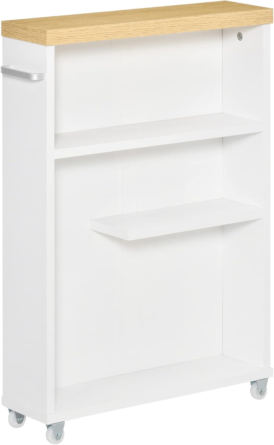 kleankin Slim Bathroom Cabinet with Castor Wheels Storage Organizer and Wood Shelves to Fit in Small Spaces, White