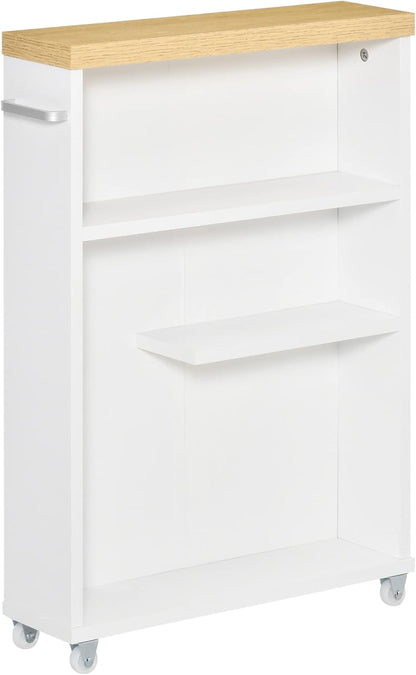 kleankin Slim Bathroom Cabinet with Castor Wheels Storage Organizer and Wood Shelves to Fit in Small Spaces, White