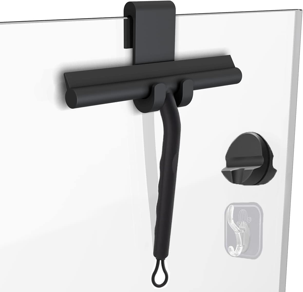 Squeegee for Shower Glass Doors, Resilient Loop - No-Drill & Adhesive Hook, Silicone Shower Squeegee with Stainless Steel Core, Cleaning Tool for Home, Kitchen, Bathroom & Car - Black