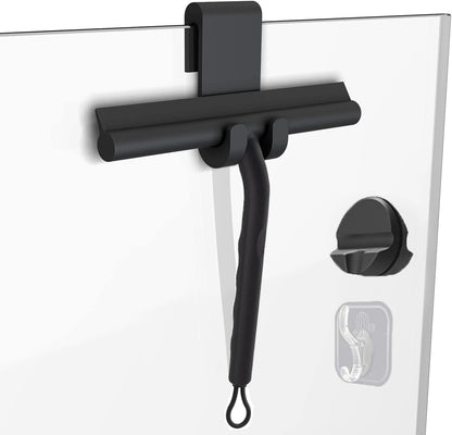 Squeegee for Shower Glass Doors, Resilient Loop - No-Drill & Adhesive Hook, Silicone Shower Squeegee with Stainless Steel Core, Cleaning Tool for Home, Kitchen, Bathroom & Car - Black