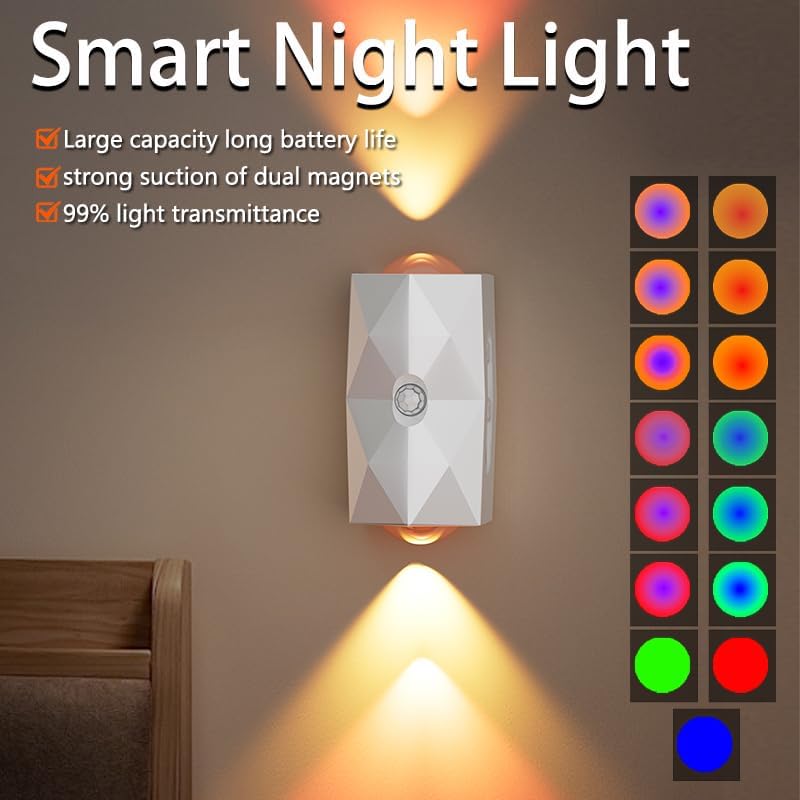 Rechargeable Motion Sensor Night Light, Magnetic RGB Color Changing LED Ambient Lighting, Compact Battery Operated Indoor Wall Light for Hallway, Stairs, Bathroom & Kids Room (USB-C)