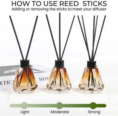 Reed Diffuser Set - 4 Empty Bottles with 20 Sticks, Delicate Gold Leaf Decor, Glass Fragrance Diffuser with Lids for Home, Bathroom | Refillable, Diamond Style (4 PCS Black)