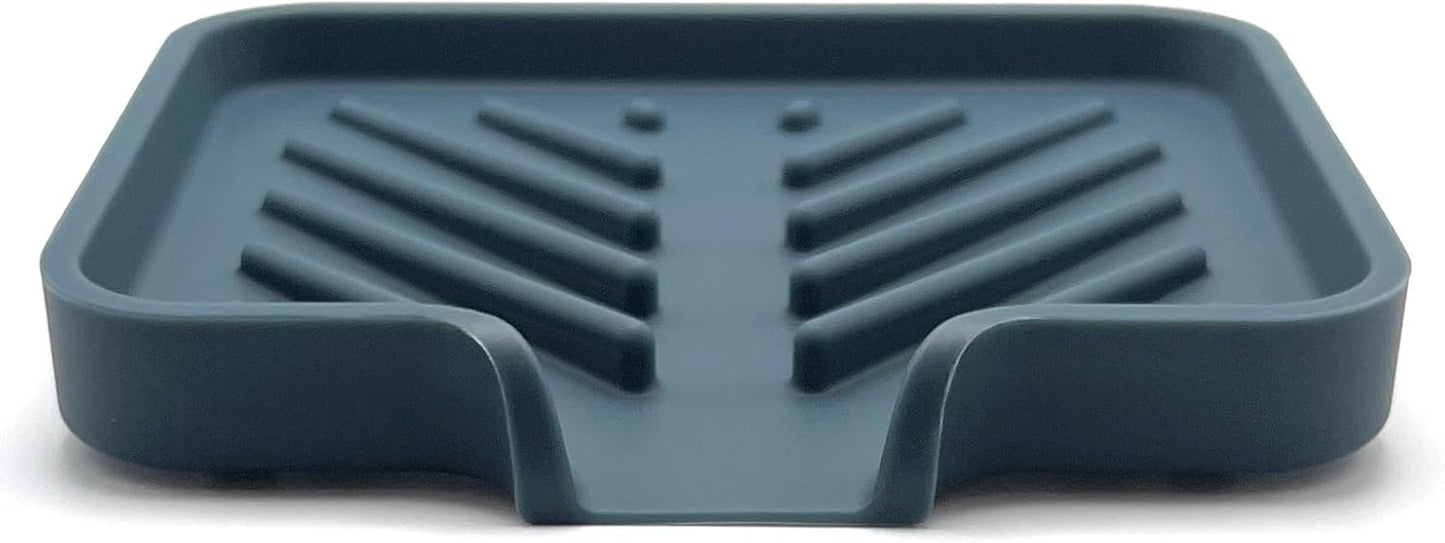Silicone Soap Dish Tray and Sponge Holder with Drain Chute and Feet | 3-Way Sloped Design | Bathroom and Kitchen Sink Organizer Caddy (Black, 10"x4", 7.8 Ounces)