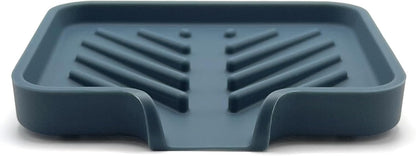 Silicone Soap Dish Tray and Sponge Holder with Drain Chute and Feet | 3-Way Sloped Design | Bathroom and Kitchen Sink Organizer Caddy (Black, 10"x4", 7.8 Ounces)