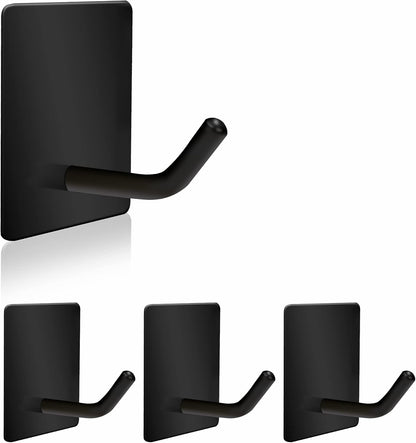 Adhesive Hooks Heavy Duty, Long Stainless Steel Self Adhesive Wall Hook, Sticky Towel Hangers for Kitchen Bathroom, Waterproof Stick on Door Hooks for Hanging Key Hat Coat 4Pack(Black)