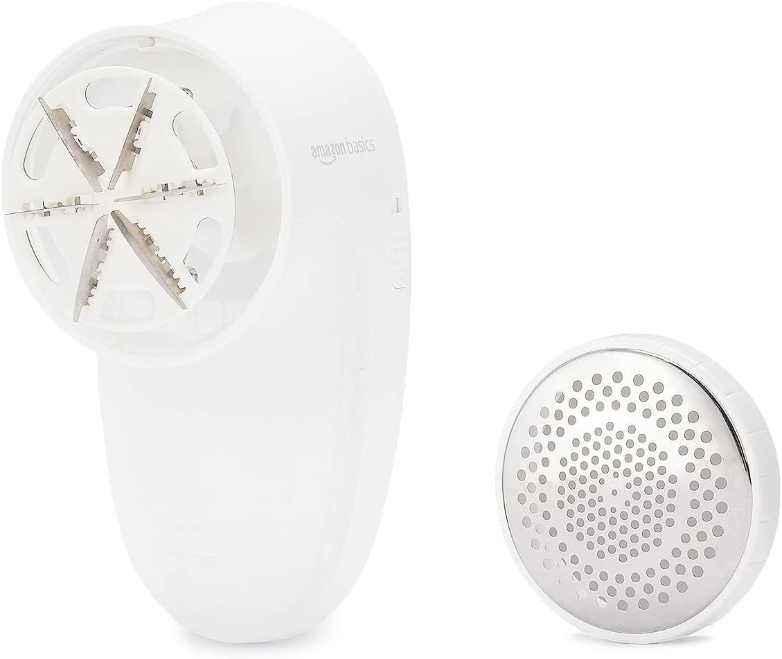 Amazon Basics Battery Operated Fabric Shaver for Clothes, Remove Pilling, Lint and Fuzz Removal, 6-Leaf Blades with Safety Lock, Portable, Includes 2 Spare Blades, White