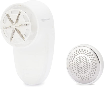 Amazon Basics Battery Operated Fabric Shaver for Clothes, Remove Pilling, Lint and Fuzz Removal, 6-Leaf Blades with Safety Lock, Portable, Includes 2 Spare Blades, White