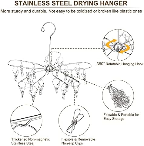 Foldable Clothes Drying Hanger Stainless Steel Underwear Drying Rack with 20 Clips, Laundry Sock Hangers for Hanging Bra, Lingerie, Hat, Scarf, Gloves, Diapers, Towels, Baby Clothes