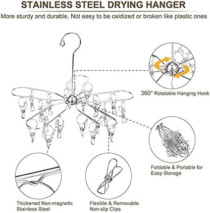 Foldable Clothes Drying Hanger Stainless Steel Underwear Drying Rack with 20 Clips, Laundry Sock Hangers for Hanging Bra, Lingerie, Hat, Scarf, Gloves, Diapers, Towels, Baby Clothes