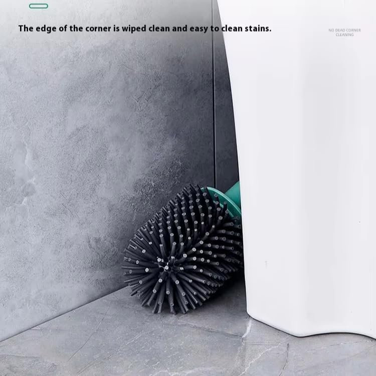 Toilet Brush, Silicone Toilet Bowl Brushes and Holder for Bathroom, Compact Flexible Toilet Cleaner Brush with Ventilated Drying Holder, Wall Mounted/Floor Standing Gray/Green–Long Non-Slip Handle