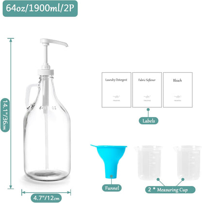 Glass Laundry Detergent Dispenser with Pump, 64OZ Liquid Laundry Soap Dispenser, Fabric Softener Dispenser Bottle for Laundry Room Organization and Storage, 1 Pack