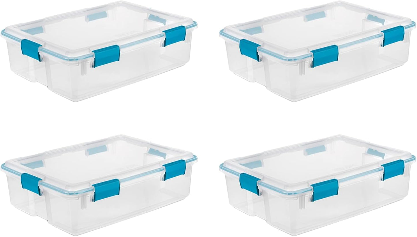 Sterilite 4-Pack Gasket Box, Home Storage Organizer Bins with Lids, 37 Quart – Stackable Clear Plastic Containers for Bedroom, Bathroom, Garage, Basement, or Attic