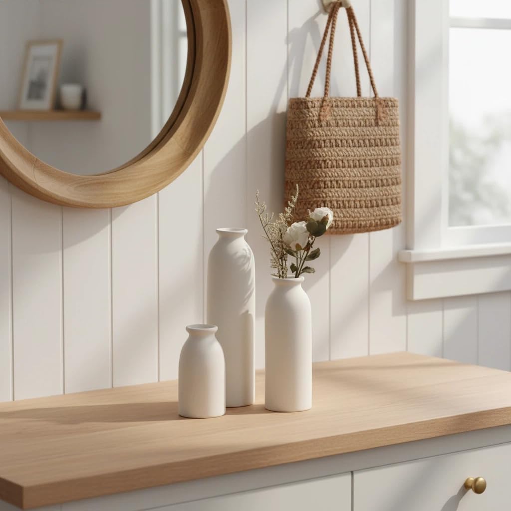 CEMABT Beige Ceramic vase Set-3 Small Flower vases for Decor,Modern Boho Farmhouse Home Decor,Decorative vase for Pampas Grass&Dried Flowers,idea Shelf,Table,Bookshelf ，Entryway- Distressed