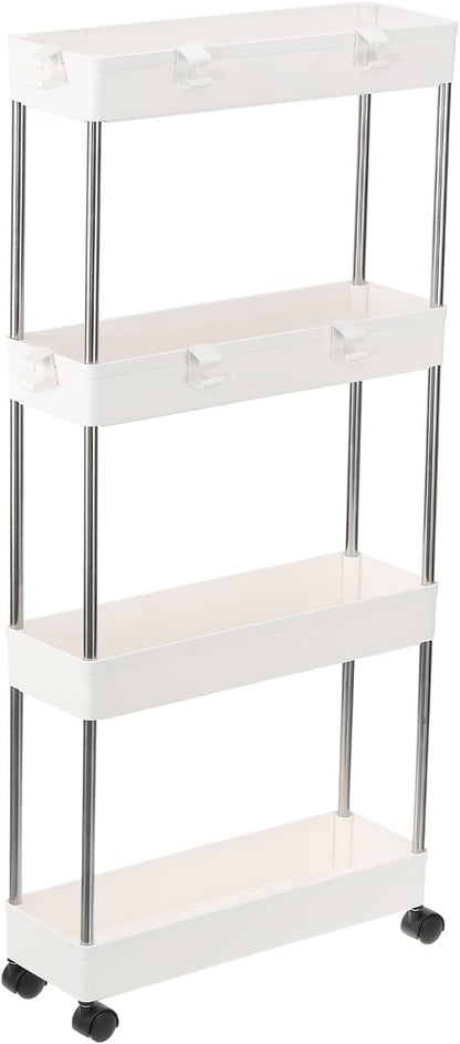 PATIKIL Slim Storage Cart, 4 Tier Mobile Shelving Unit Bathroom Storage Organizer Rolling Utility Cart Storage Slide Cart for Bathroom Office Kitchen, White