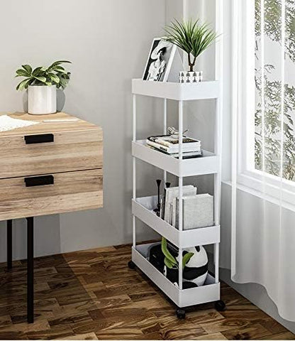 4-Tier Slim Rolling Cart, Slide Out Storage Trolley, Mobile Shelving Unit Organizer with Wheels, Gap Storage Tower Rack for Kitchen Bathroom Laundry Narrow Places