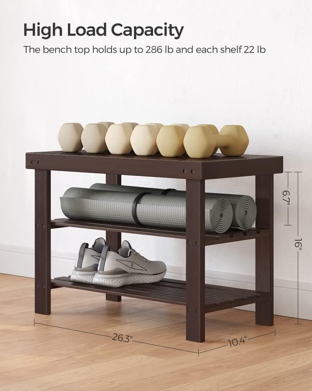 SONGMICS Shoe Rack Bench, 3-Tier Bamboo Shoe Storage Organizer, Entryway Bench, Holds Up to 286 lb, 11.3 x 27.6 x 17.8 Inches, for Entryway Bathroom Bedroom, Ink Black ULBS04H