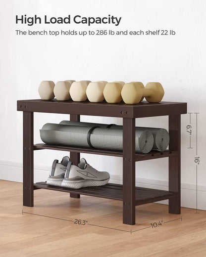 SONGMICS Shoe Rack Bench, 3-Tier Bamboo Shoe Storage Organizer, Entryway Bench, Holds Up to 286 lb, 11.3 x 27.6 x 17.8 Inches, for Entryway Bathroom Bedroom, Ink Black ULBS04H