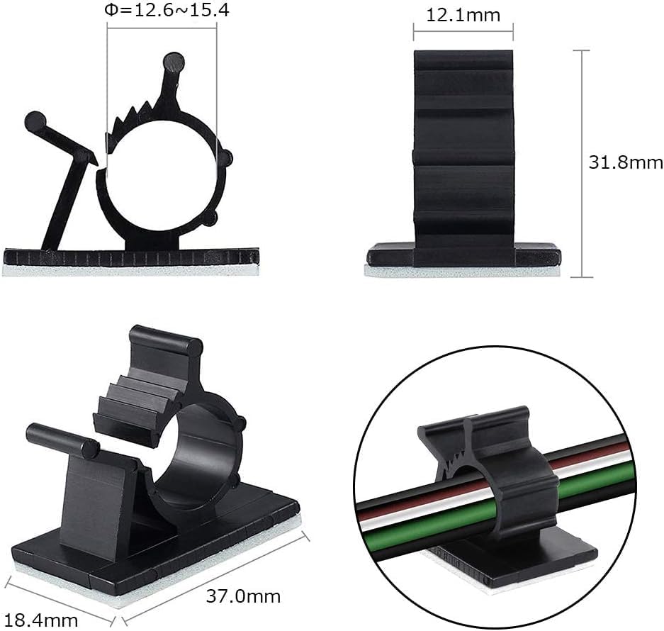 Viaky 30 Pcs Black Cable Wire Clips Adjustable Nylon Wire Holder Adhesive Cable Management Suitable for Maximum Diameter 0.6 inch (15.4mm) Cables