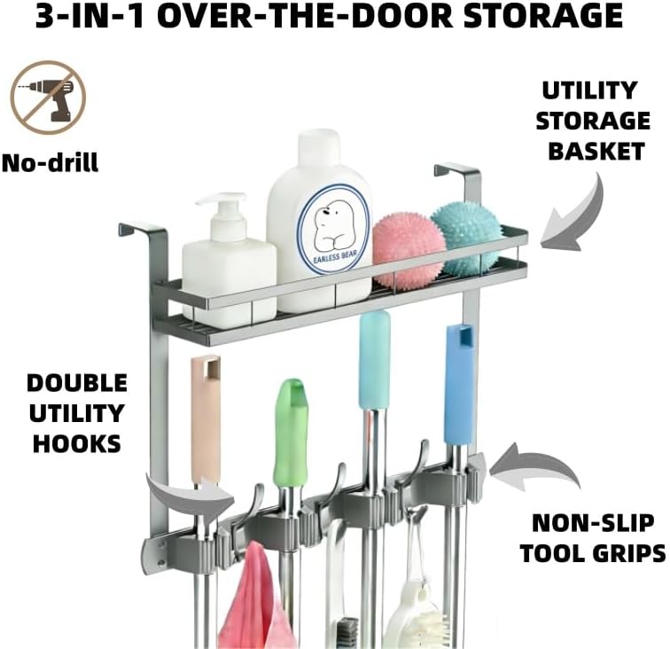 Over the Door Heavy Duty Metal Broom & Mop Holder, No-Drill Cleaning Supply Organizer with 4 Grips, 3 Hooks & 1 Storage Basket for Laundry Room & Garage