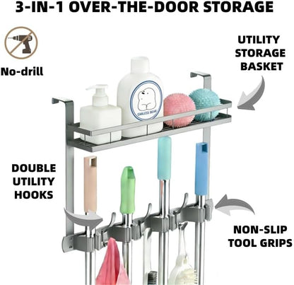 Over the Door Heavy Duty Metal Broom & Mop Holder, No-Drill Cleaning Supply Organizer with 4 Grips, 3 Hooks & 1 Storage Basket for Laundry Room & Garage