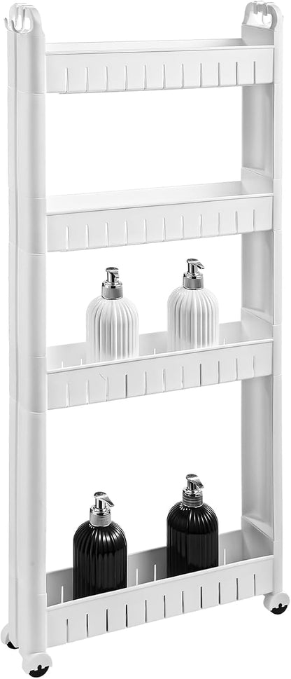 3 Tiers Slim Rolling Storage Cart, 3.5 Inches Slim Slide Out Bathroom Organizer Cart, Tiered Storage Rack with Wheels, Narrow Mobile Utility Cart for Laundry Room, Kitchen, Office, Sturdy Room