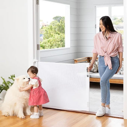 Retractable Baby Gate Perma Child Safety 33" Tall x 55” Wide, Mesh, for Stairs, Doorways, Dogs, Pets, Indoor, Outdoor, One-Handed Operation, Locking, Easy Install, Hardware Mount, White