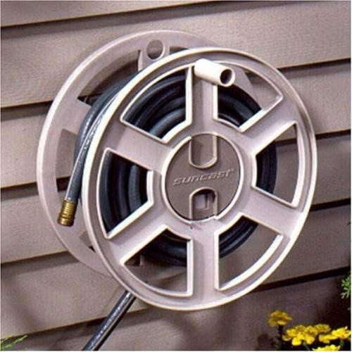 Suncast Sidewinder Wall Mount Garden Hose Reel, 100 Feet Capacity for 5/8 Inch Standard Vinyl Hosepipe, Light Taupe – Resin Water Line Holder for Lawn, Gardening and Outdoor Watering
