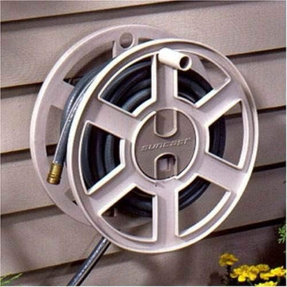 Suncast Sidewinder Wall Mount Garden Hose Reel, 100 Feet Capacity for 5/8 Inch Standard Vinyl Hosepipe, Light Taupe – Resin Water Line Holder for Lawn, Gardening and Outdoor Watering