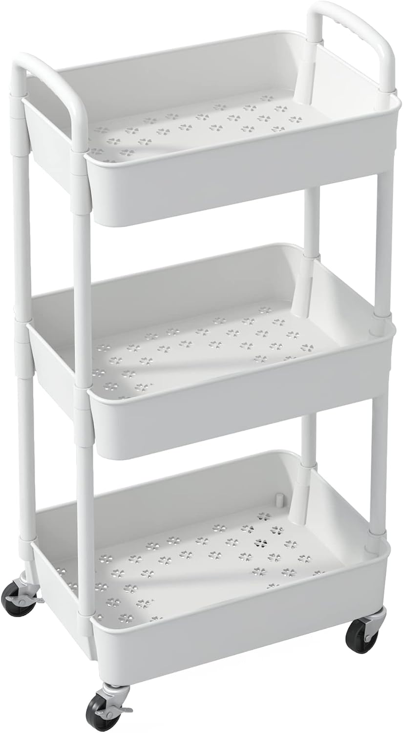 Sywhitta 4-Tier Plastic Rolling Utility Cart with Handle, Multi-Functional Storage Trolley for Office, Living Room, Kitchen, Movable Storage Organizer with Wheels, Black