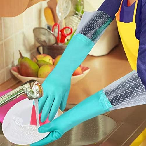 Elgood Reusable Long Sleeve Dishwashing Cleaning Gloves with Latex Free,Cotton Lining,Kitchen Gloves 2 Pairs,Purple+Blue M