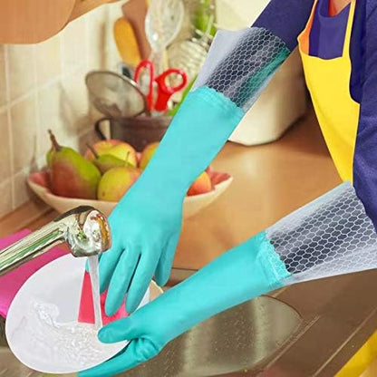 Elgood Reusable Long Sleeve Dishwashing Cleaning Gloves with Latex Free,Cotton Lining,Kitchen Gloves 2 Pairs,Purple+Blue M