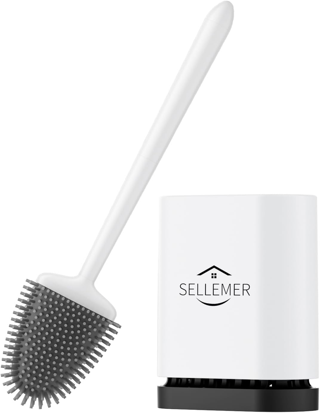 Sellemer Toilet Brush and Holder Set - Flexible Toilet Bowl Brush Head with Silicone Bristles, Compact Size for Storage and Organization, Ventilation Slots Base (1 Pack, Silver)