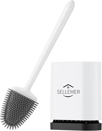 Sellemer Toilet Brush and Holder Set - Flexible Toilet Bowl Brush Head with Silicone Bristles, Compact Size for Storage and Organization, Ventilation Slots Base (1 Pack, Silver)