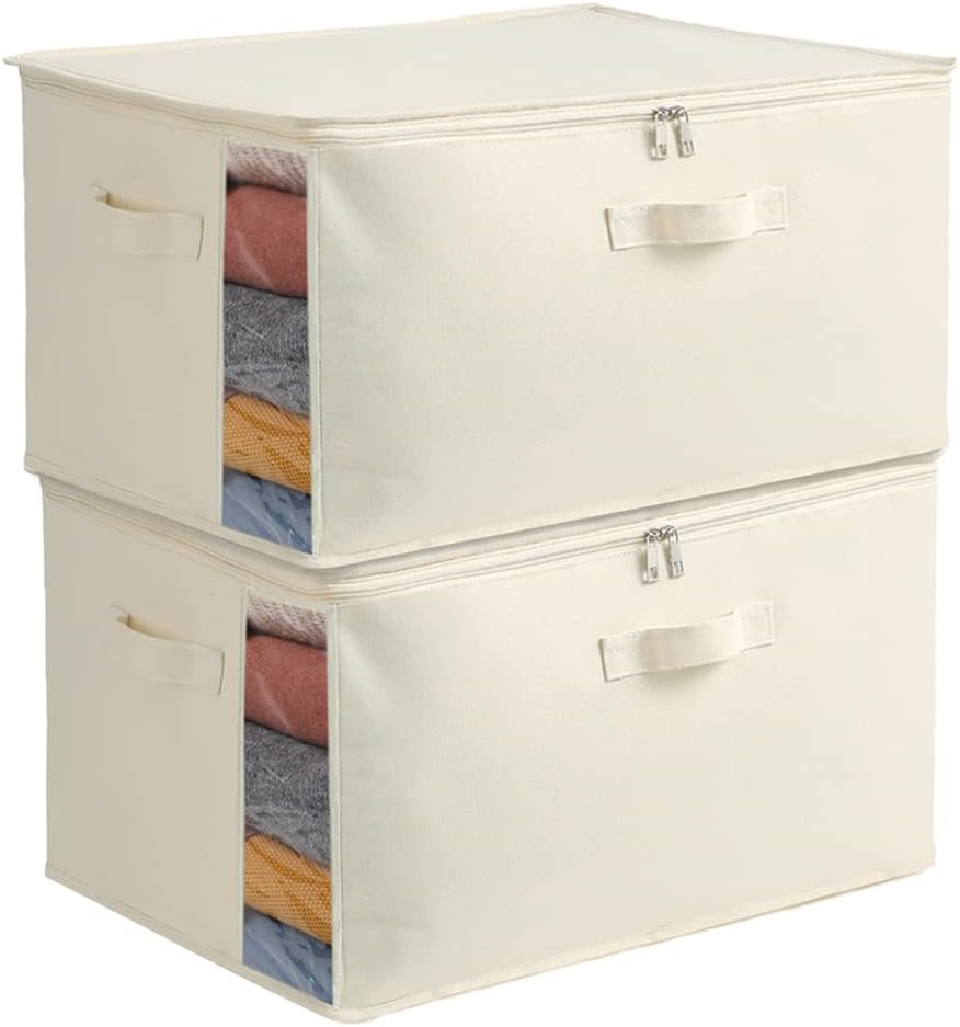 3-Pack Large Canvas Comforter Storage Bags for Clothes Sweater Clothes Organizer with Dual Zipper Three Carrying Handles for Blanket Closet Storage Container
