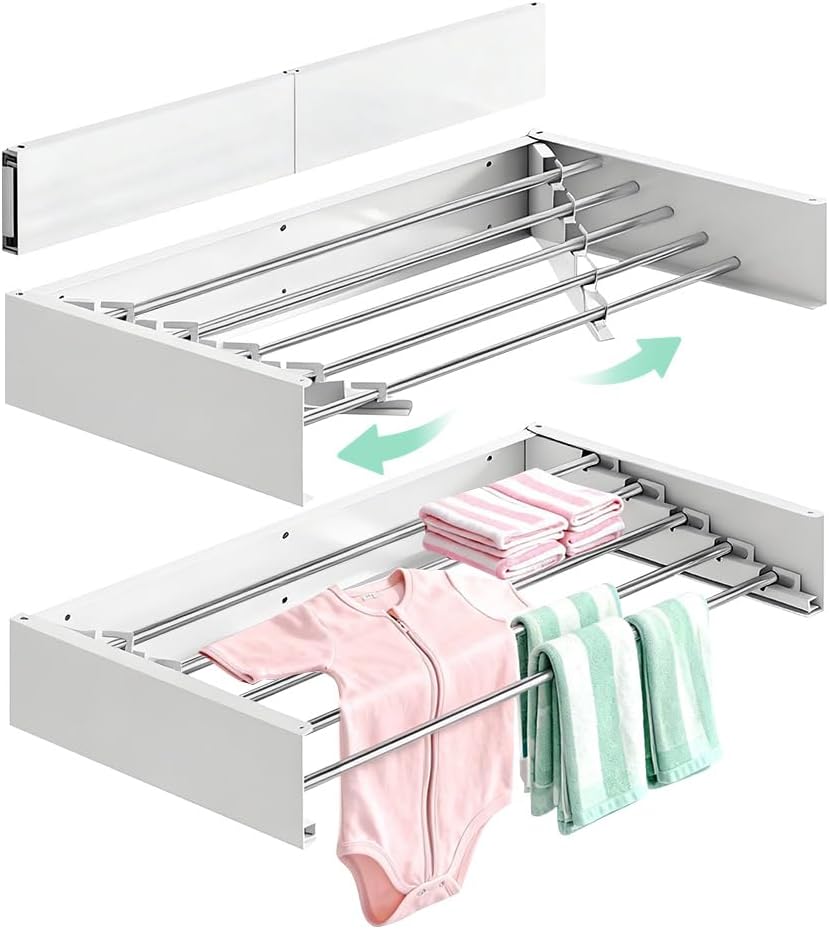 Foldable Wall Mounted Clothes Drying Rack 32’’, Retractable Laundry Room Drying Rack Clothing, Hidden Space Saver with Wall Template, 5 Rods, White
