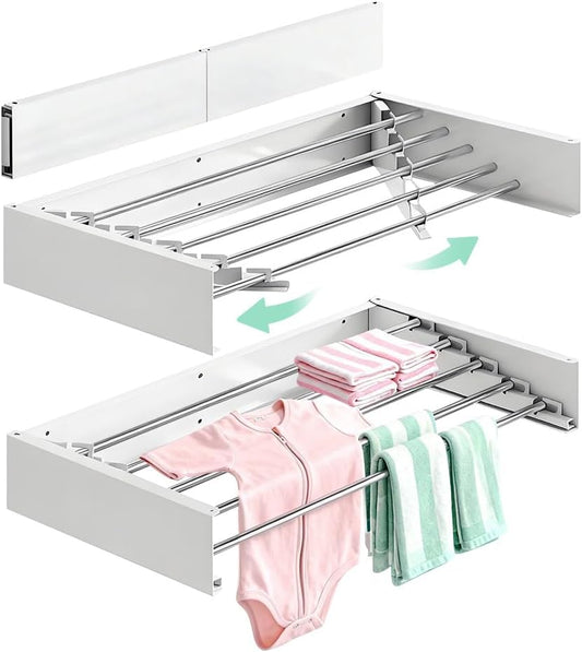 Foldable Wall Mounted Clothes Drying Rack 32’’, Retractable Laundry Room Drying Rack Clothing, Hidden Space Saver with Wall Template, 5 Rods, White