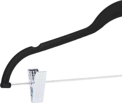 Amazon Basics Velvet Non-Slip Skirt Clothes Hangers with Clips, 360 Degree Rotatable Hook, Organize Pants and Skirts, Black/Silver, 24-Pack