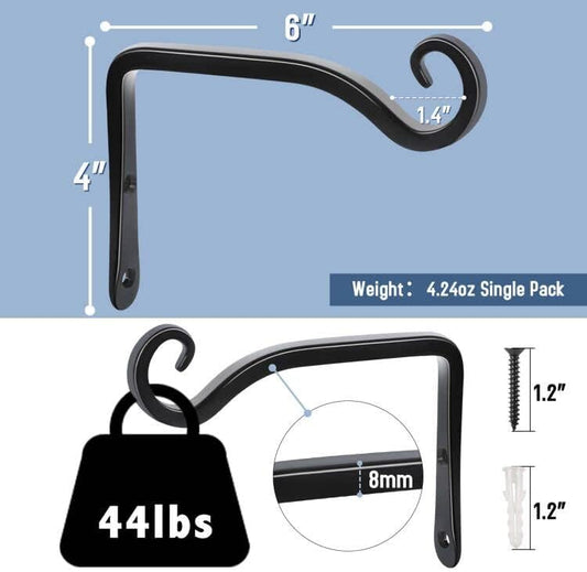 FEED GARDEN Heavy Duty Plant Hangers Outdoor Indoor, 8 Inch 2 Pack Metal Hanging Bracket Holds Up to 44 lbs, Wall Brackets for Hanging Baskets, Bird Feeders,Wind Chime& Lanterns, Black