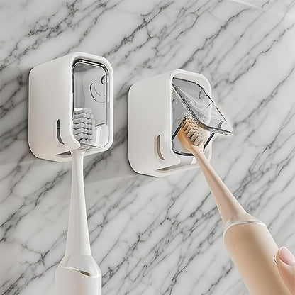 2PCS Toothbrush Holders for Bathrooms, Minimalist Wall-Mounted Organizer with Cover, Single Toothbrush Dispenser Storage Organizer for Space-Saving Countertop Solution for Home & Travel (White, Gray)