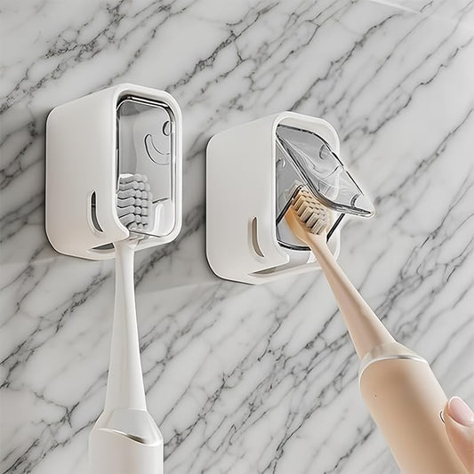 2PCS Toothbrush Holders for Bathrooms, Minimalist Wall-Mounted Organizer with Cover, Single Toothbrush Dispenser Storage Organizer for Space-Saving Countertop Solution for Home & Travel (White, Gray)