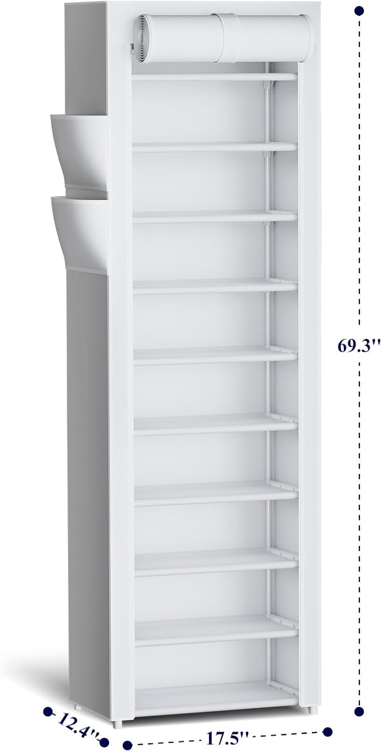 Kitsure Shoe Rack - 10-Tier Large Capacity Shoe Organizer Shelf with Dust Cover & Side Pockets, Rust-Proof Metal Shoe Rack for Closet, Entrance, Living Room, 17.5" x 12.4" x 69.3", Black